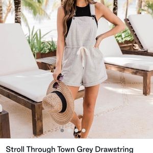 Pink Lily Stroll Through Town Grey Drawstring Short Overalls